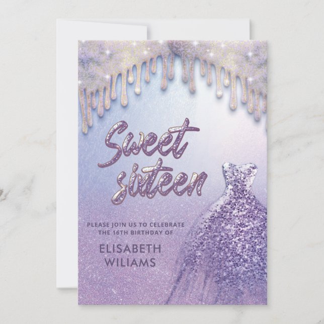 Girly chic dress drips lilac purple glittery invitation (Front)