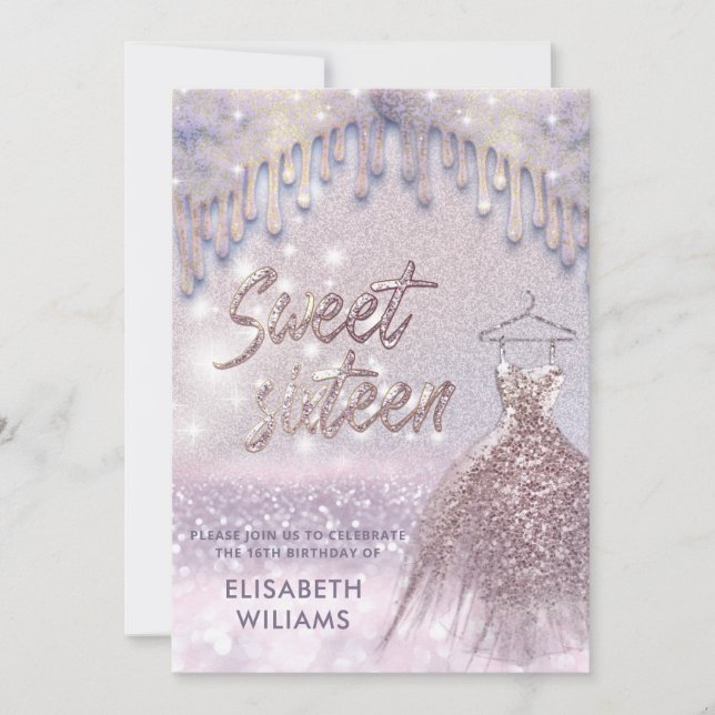 Girly chic dress drips lilac rose gold glittery invitation (Front)