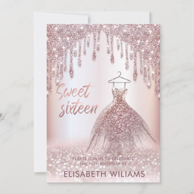 Girly chic dress  drips rose gold glittery ombre i invitation (Front)