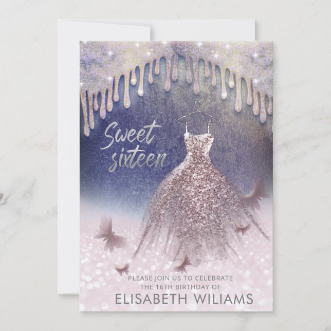 Girly chic dress drips  rose gold glittery ombre invitation (Front)