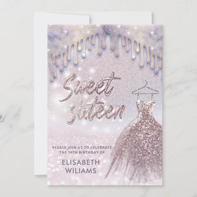 Girly chic dress drips  rose gold glittery ombre invitation (Front)