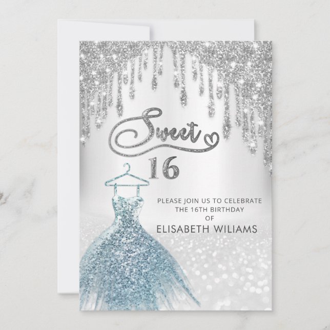 Girly chic dress  drips silver glittery ombre invitation (Front)