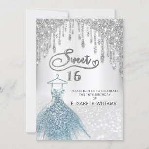Girly chic dress  drips silver glittery ombre invitation