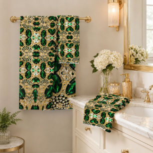girly chic fashion art deco gold emerald green  bath towel set