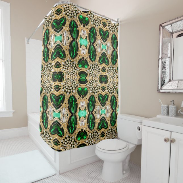 girly chic fashion art deco gold emerald green  shower curtain (In Situ)