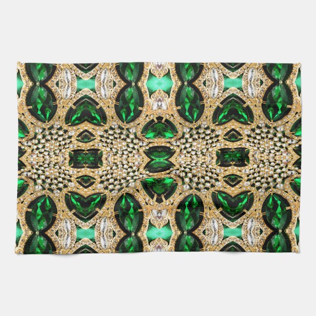 girly chic fashion art deco gold emerald green  tea towel (Horizontal)
