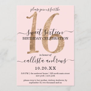 Girly Chic Faux Gold Glitter Blush Pink Sweet 16 Invitation