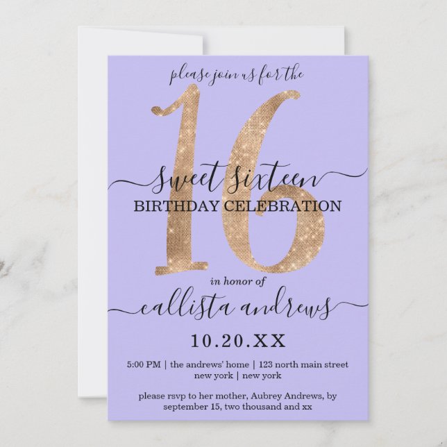 Girly Chic Faux Gold Glitter Lilac Purple Sweet 16 Invitation (Front)