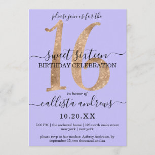 Girly Chic Faux Gold Glitter Lilac Purple Sweet 16 Invitation