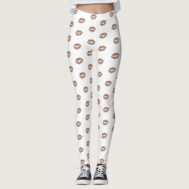 Girly Chic Faux Gold Glitter Lips Pattern Leggings (Front)