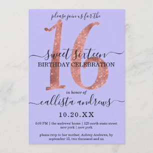 Girly Chic Faux Rose Gold Glitter Purple Sweet 16 Invitation