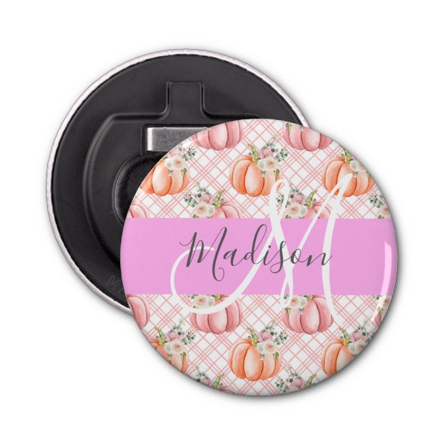 Girly Chic Floral Pink Peach Pumpkin Monogram Name Bottle Opener (Front)