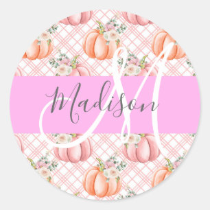 Girly Chic Floral Pink Peach Pumpkin Monogram Name Classic Round Sticker