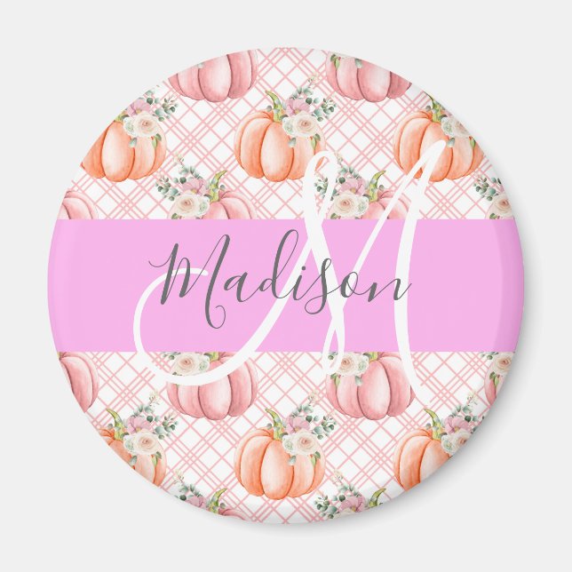Girly Chic Floral Pink Peach Pumpkin Monogram Name Magnet (Front)