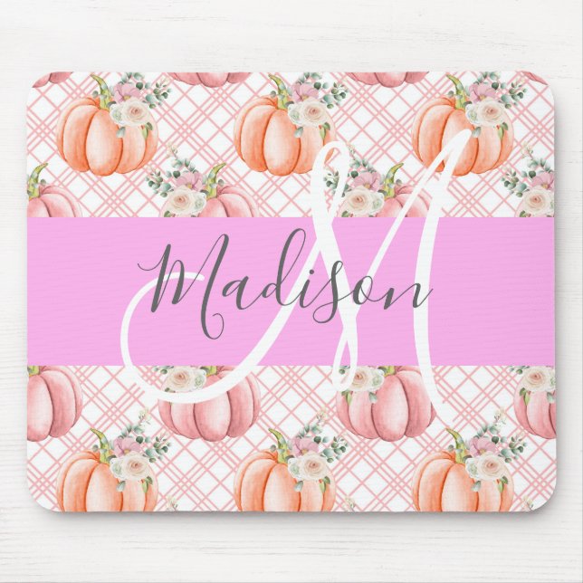Girly Chic Floral Pink Peach Pumpkin Monogram Name Mouse Mat (Front)