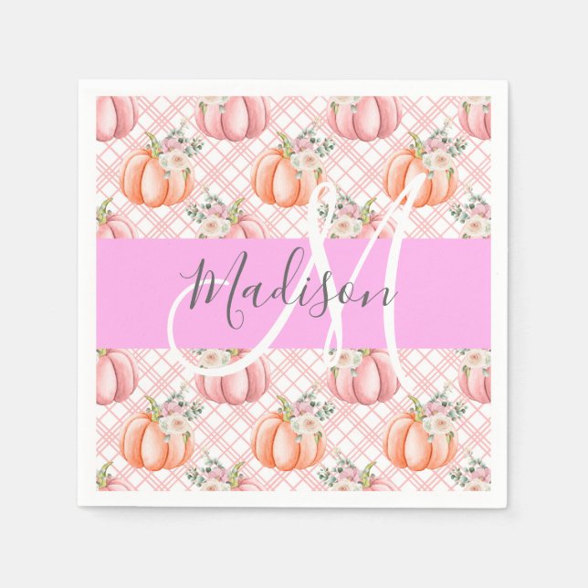 Girly Chic Floral Pink Peach Pumpkin Monogram Name Napkin (Front)