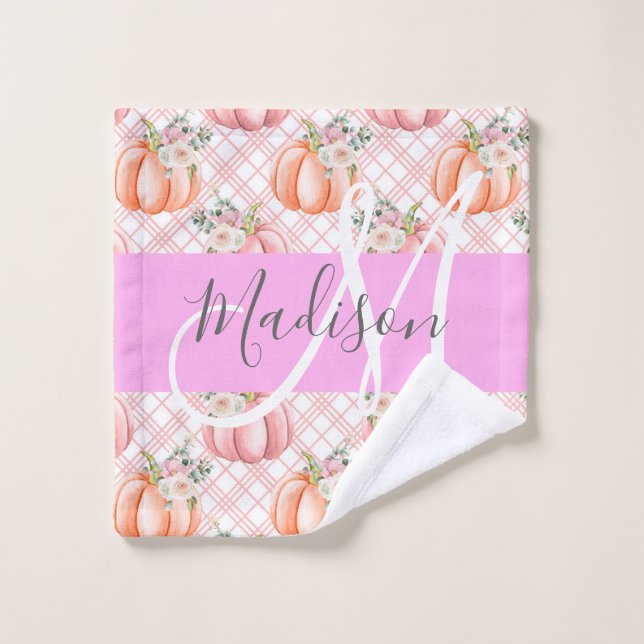 Girly Chic Floral Pink Peach Pumpkin Monogram Name Wash Cloth (Wash Cloth)