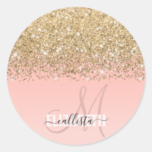 Girly Chic Gold Confetti Pink Gradient Monogram Classic Round Sticker