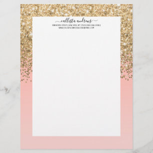 Girly Chic Gold Confetti Pink Gradient Ombre Custom Letterhead