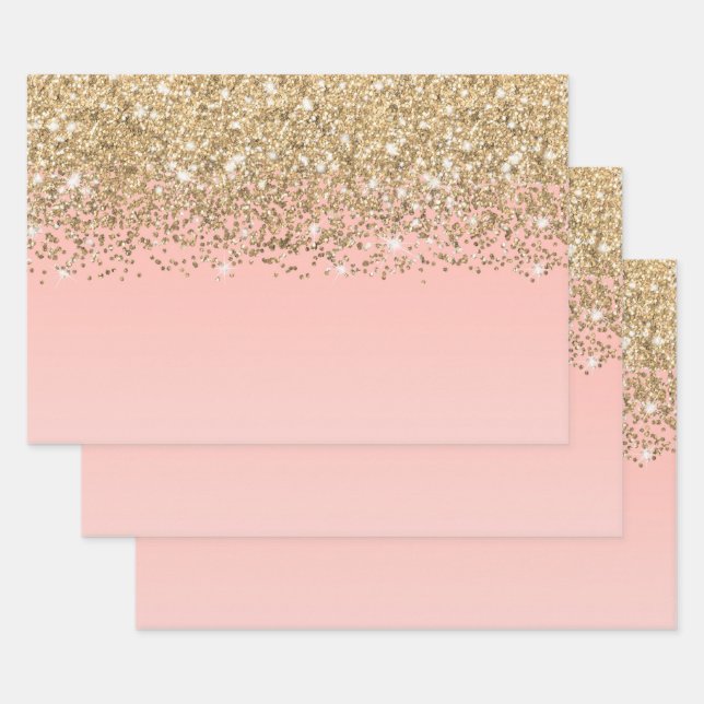 Girly Chic Gold Confetti Pink Gradient Ombre Wrapping Paper Sheet (Set)