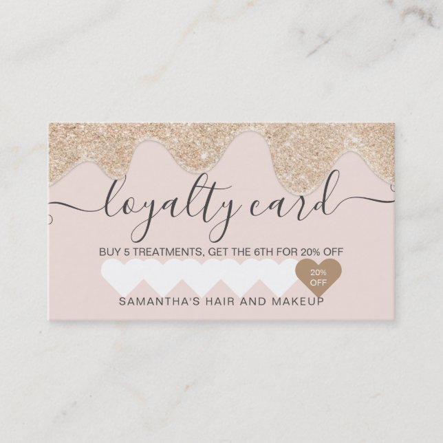 Girly chic gold glitter drips blush pink makeup loyalty card (Front)