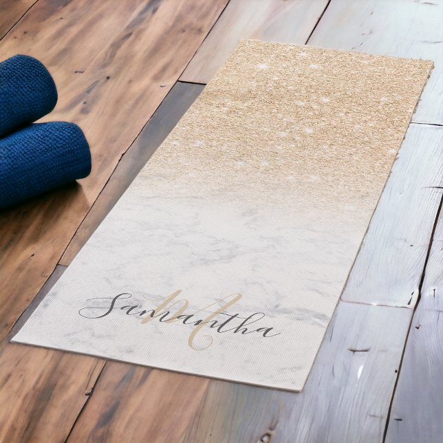 Girly chic gold glitter ombre marble monogrammed yoga mat (Girly chic gold glitter ombre marble monogrammed yoga mat)