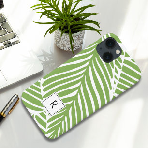 Girly Chic Green Leaves Monogram iPhone 13 Case