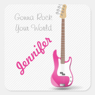 Girly Chic Hot Pink Electric Guitar White Stripes Square Sticker