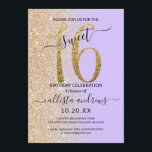 Girly Chic Lavender Gold Glitter Ombre Sweet 16 Invitation<br><div class="desc">This girly and chic sweet sixteen birthday party invitation is perfect for your young teenage daughter's special day. It features a faux printed sparkly gold glitter large, "16, " on top of a simple pastel lavender purple and faux gold glitter sideways gradient ombre background. It's simple, unique, modern, pretty, and...</div>