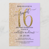 Girly Chic Lavender Gold Glitter Ombre Sweet 16