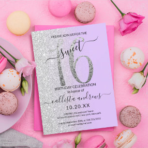 Girly Chic Lavender Silver Glitter Ombre Sweet 16 Invitation
