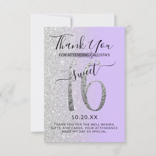 Girly Chic Lavender Silver Glitter Ombre Sweet 16 Thank You Card (Front)