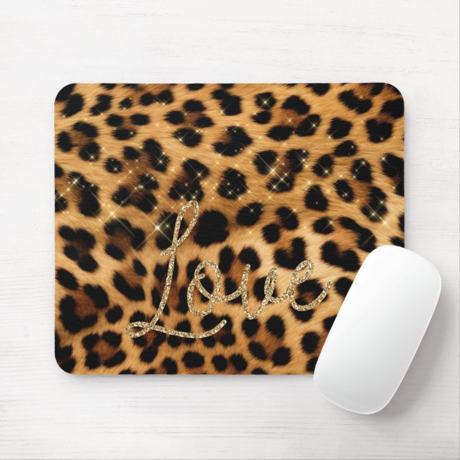 Girly Chic Leopard Gold Glitter Love Mouse Mat (With Mouse)