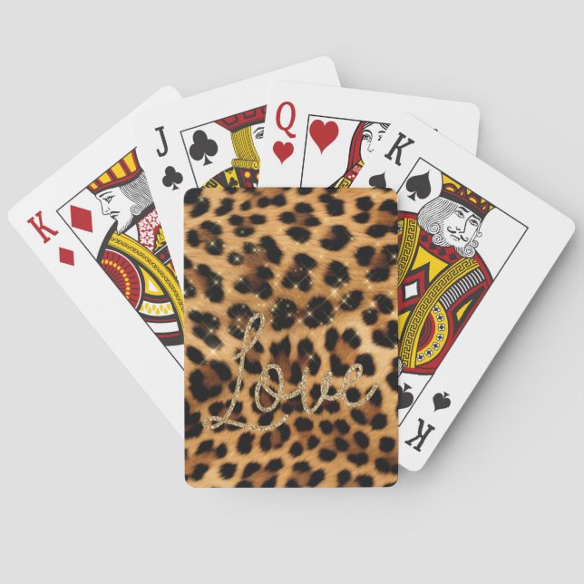 Girly Chic Leopard Gold Glitter Love Playing Cards (Back)