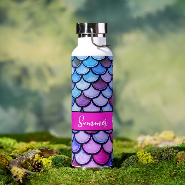 Girly Chic Magenta Purple Blue Mermaid Scales Water Bottle (Outdoor)