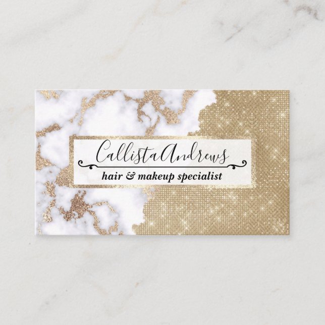 Girly Chic Modern Glam Gold Glitter Marble Pattern Business Card (Front)