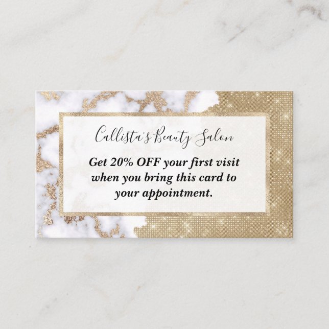 Girly Chic Modern Glam Gold Glitter Marble Pattern Discount Card (Front)