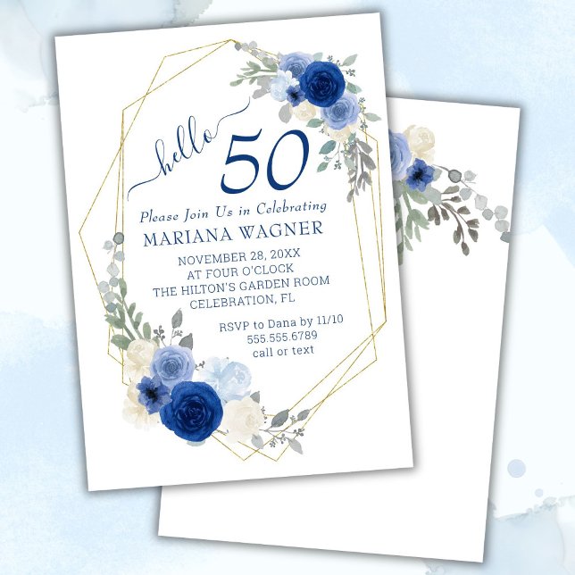 Girly Chic Navy Blue Floral 50th Birthday Invitation (Creator Uploaded)