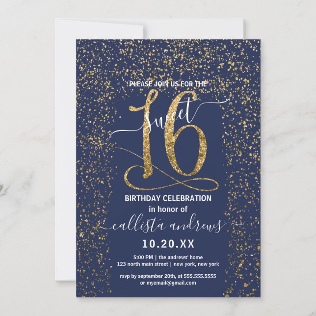 Girly Chic Navy Blue Gold Confetti Border Sweet 16 Invitation (Front)