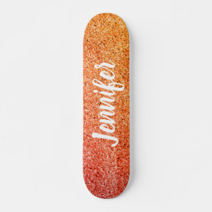Girly Chic Orange Yellow Glitter Personalised Kids Skateboard
