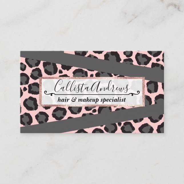 Girly Chic Pink Black Grey Leopard Cheetah Print Business Card (Front)