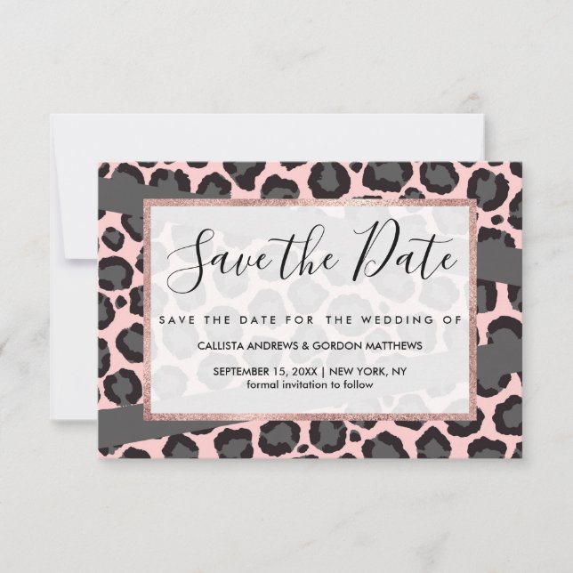 Girly Chic Pink Black Grey Leopard Cheetah Print Save The Date (Front)