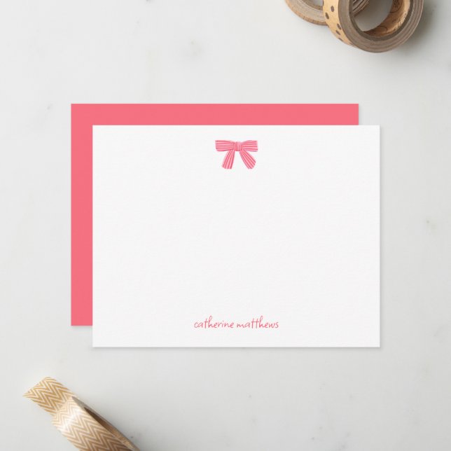 Girly Chic Pink Bow Custom Stationery Note Card  (Front/Back In Situ)