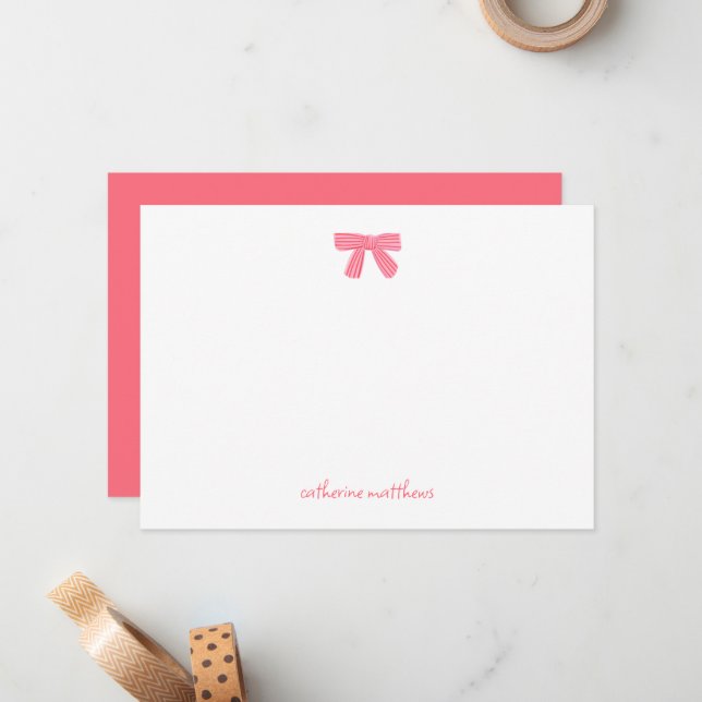 Girly Chic Pink Bow Custom Stationery Note Card  (Front/Back In Situ)