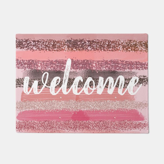 Girly Chic Pink Coral Paint Glitter Brushstrokes Doormat (Front)