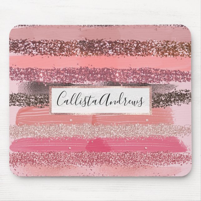 Girly Chic Pink Coral Paint Glitter Brushstrokes Mouse Mat (Front)