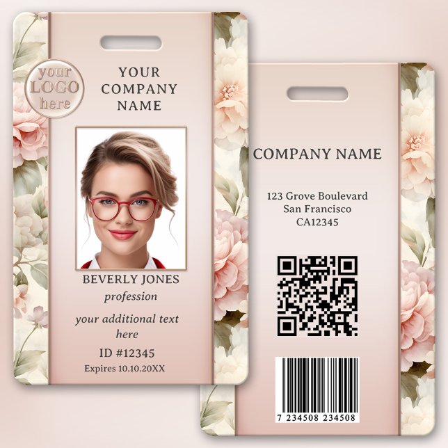 Girly Chic Pink Floral Employee Photo ID Badge (Girly chic professional photo ID badge with your custom photo and logo on a floral pink background)
