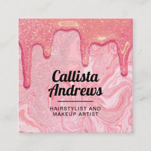 Girly Chic Pink Glitter Marble Drips Square Business Card