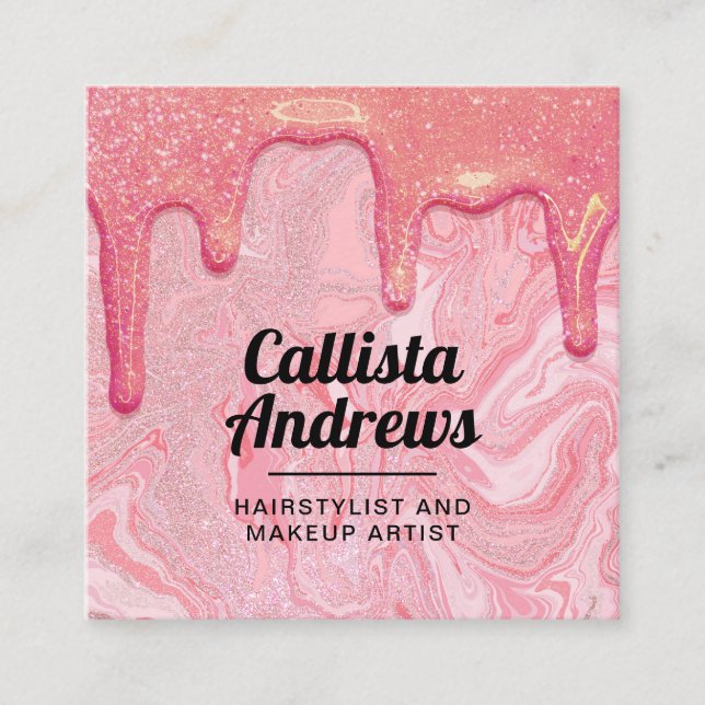 Girly Chic Pink Glitter Marble Drips Square Business Card (Front)