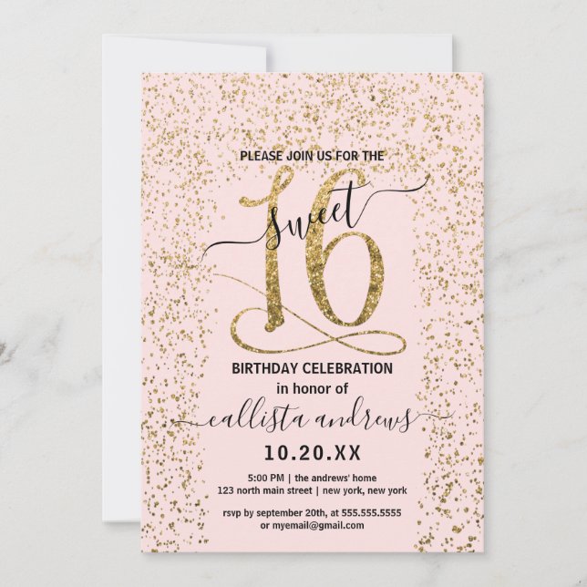 Girly Chic Pink Gold Confetti Border Sweet 16 Invitation (Front)